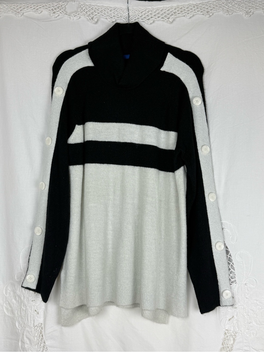 Apt. 9 Black and White Striped Button-Trim Cowl Turtleneck Sweater - Size Large